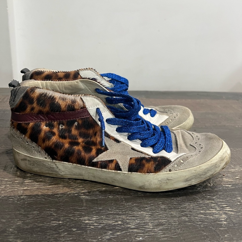 Golden Goose Mid Star leopard sneakers with glitter blue laces